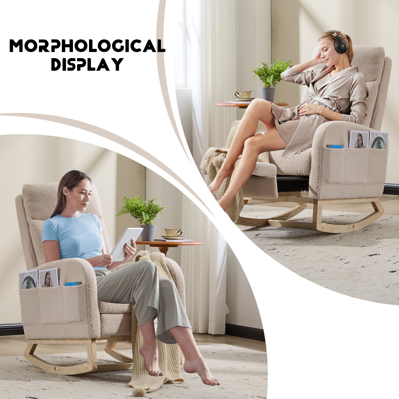 Modern Accent Rocking Chair Rocking Chair With Solid Wood Legs, Upholstered Nursery Glider Rocker, Comfy Armchair With Side Pocket, Living Room Lounge Arm Chair With High Backrest (Beige,teddy)_voghion.com
